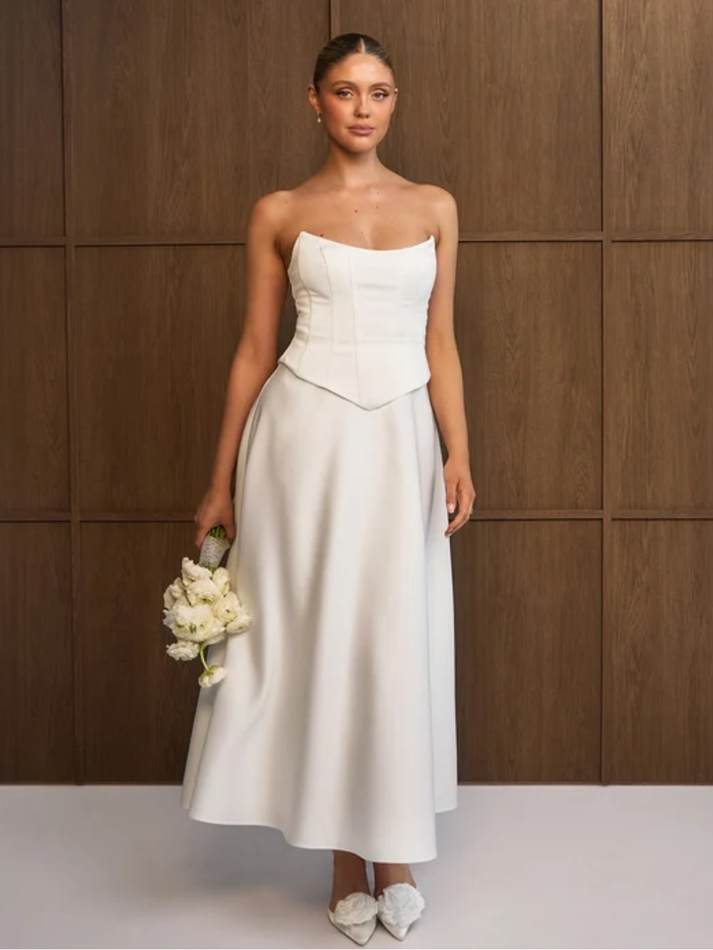 Six Stories Strapless White Midi Dress with Structured Corset Bodice